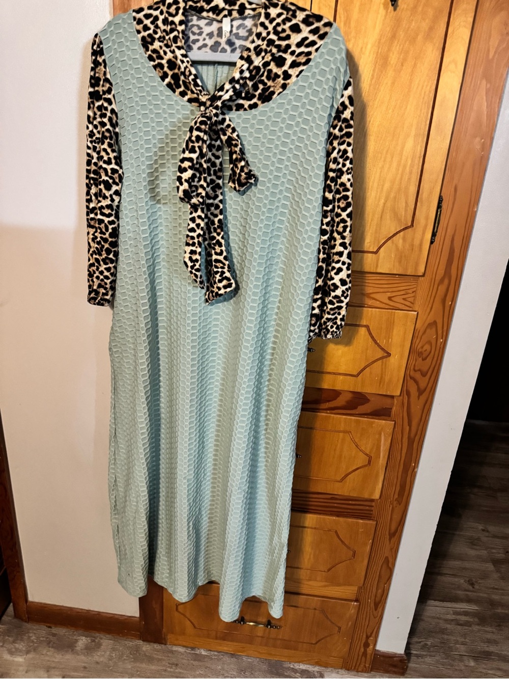 Leopard-Trim Tie-Neck Maxi Dress in Mint